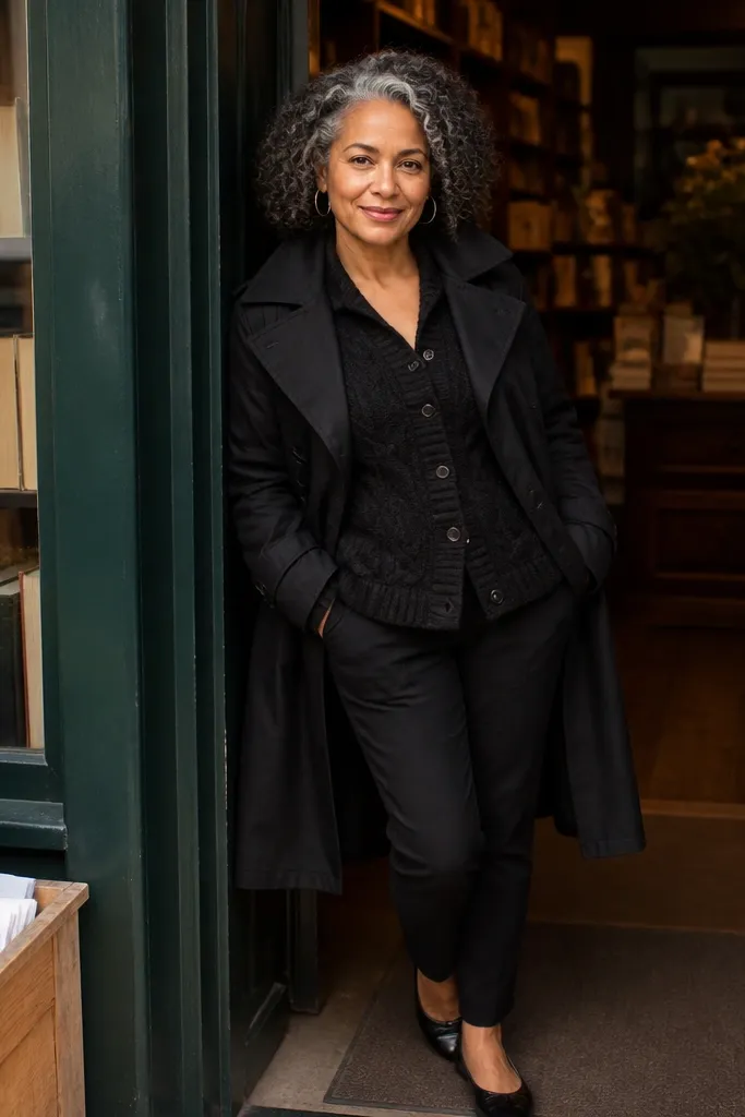 Black trench over a black cardigan with slim ankle pants