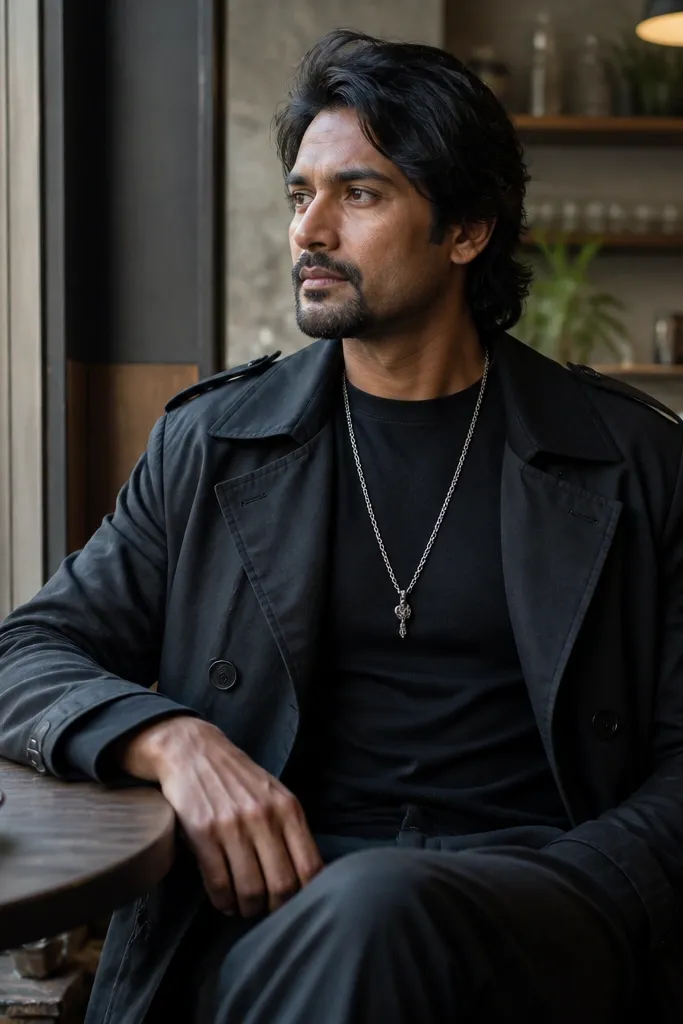 Black trench over a black tee with a long silver chain and black pants