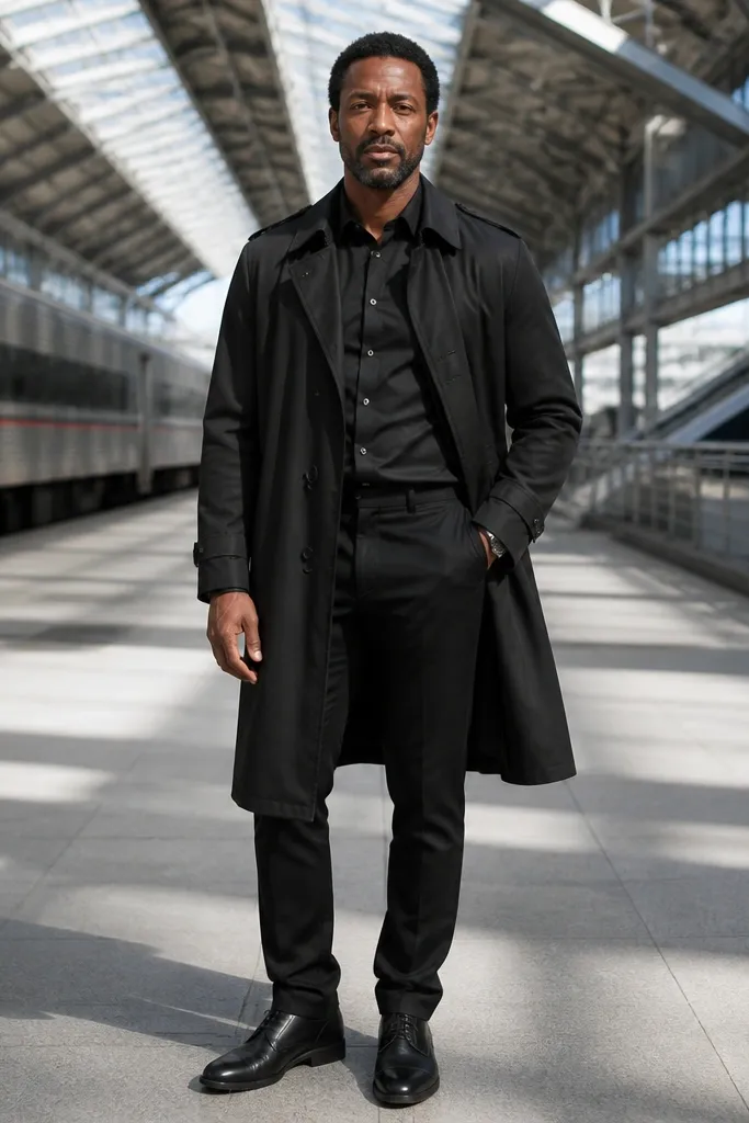 Black trench over a black button-down shirt with rolled cuffs and black trousers