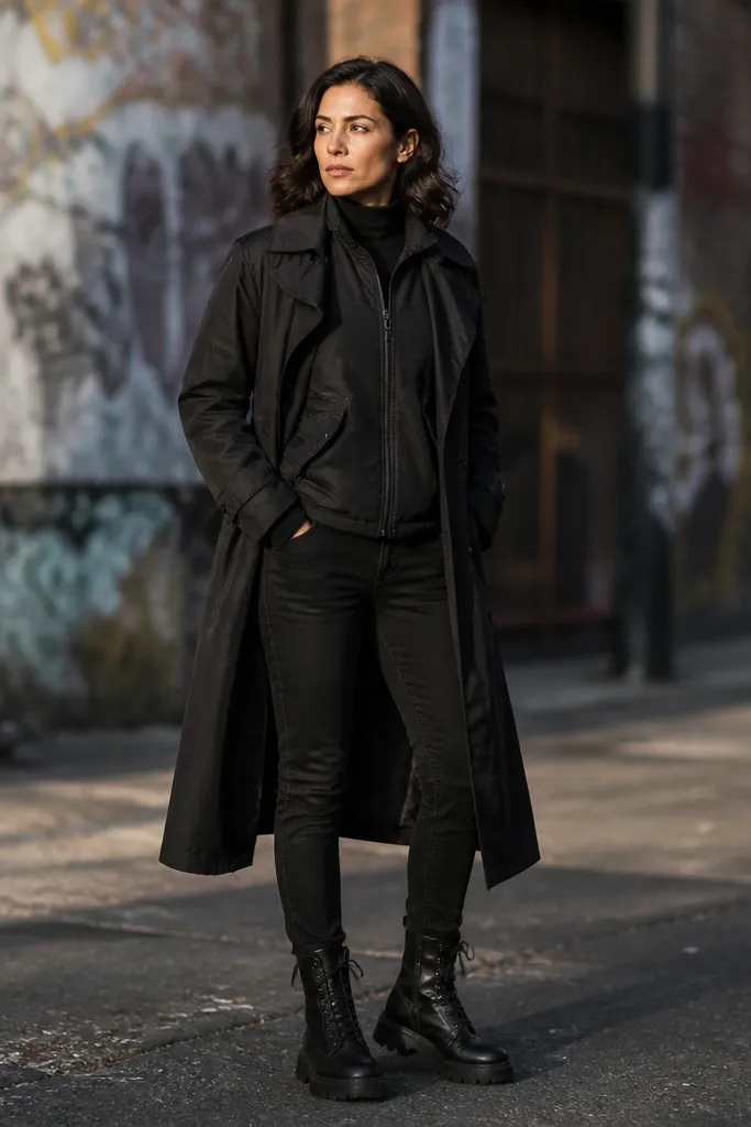 Black trench over a black bomber vest with slim black jeans