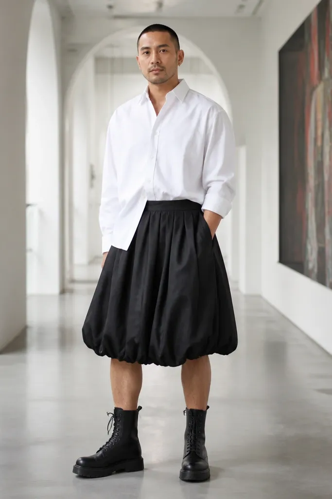 White button-up half tucked into a black bubble skirt with black lace-up boots