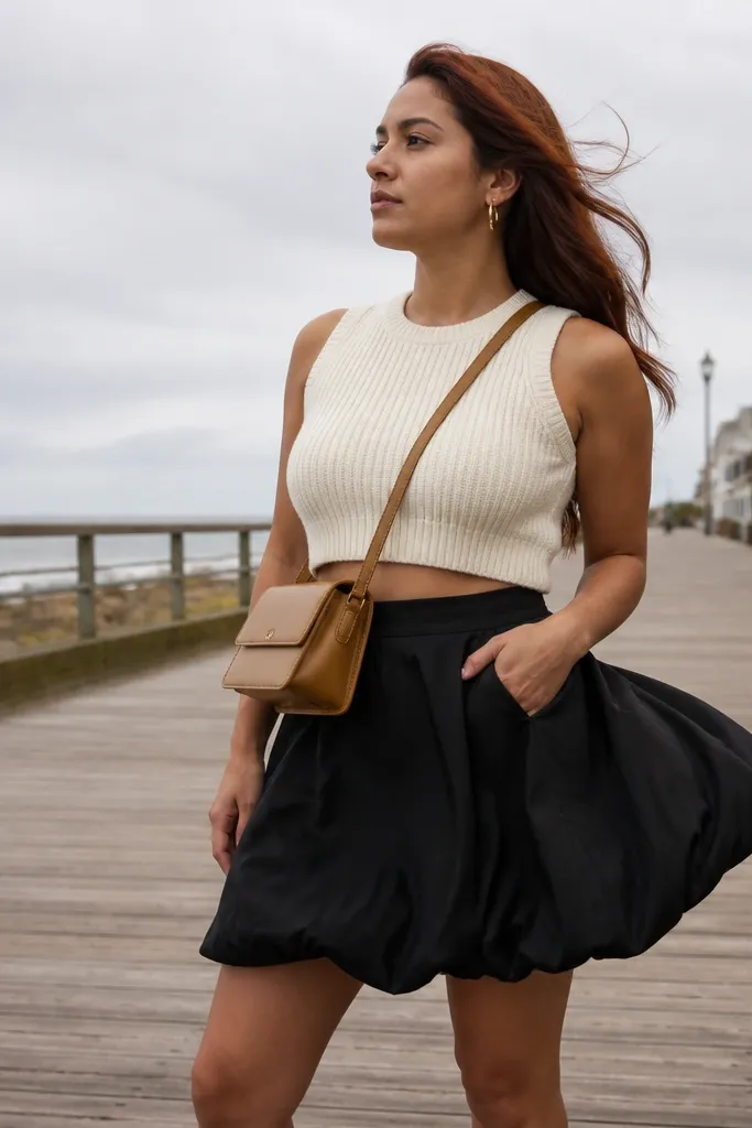 Cream knit crop top tucked into a black bubble skirt with gold hoops