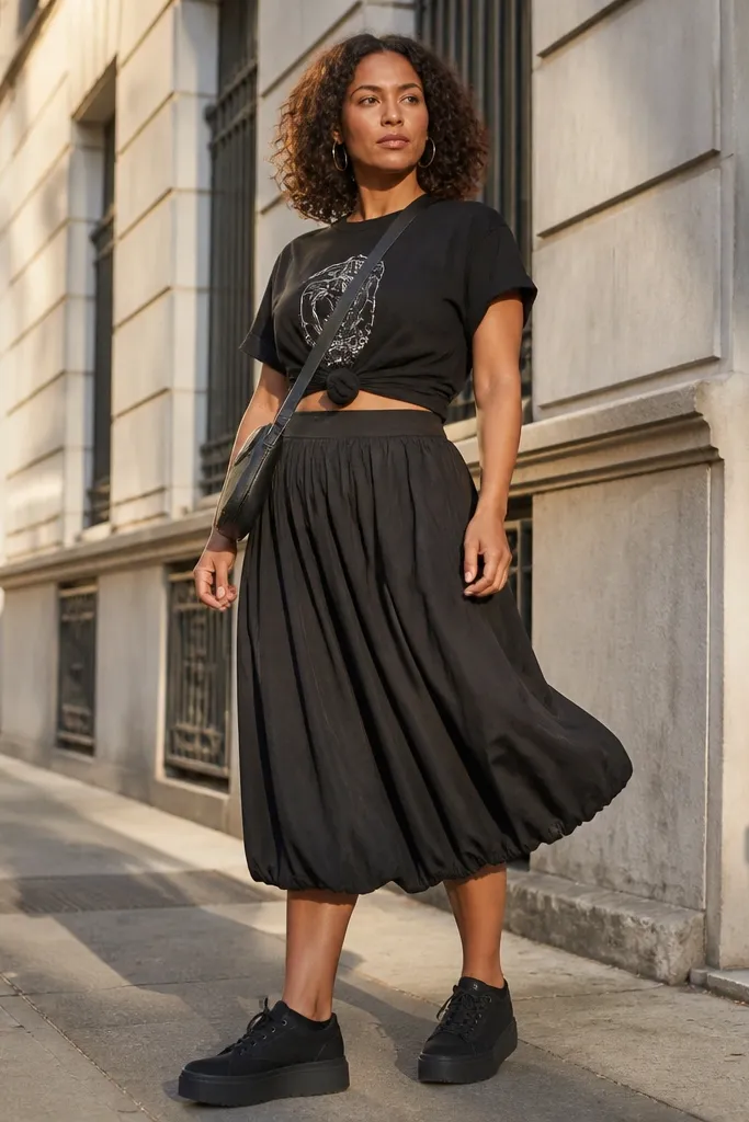 Black graphic tee knotted at the waist over a black bubble skirt with platform sneakers