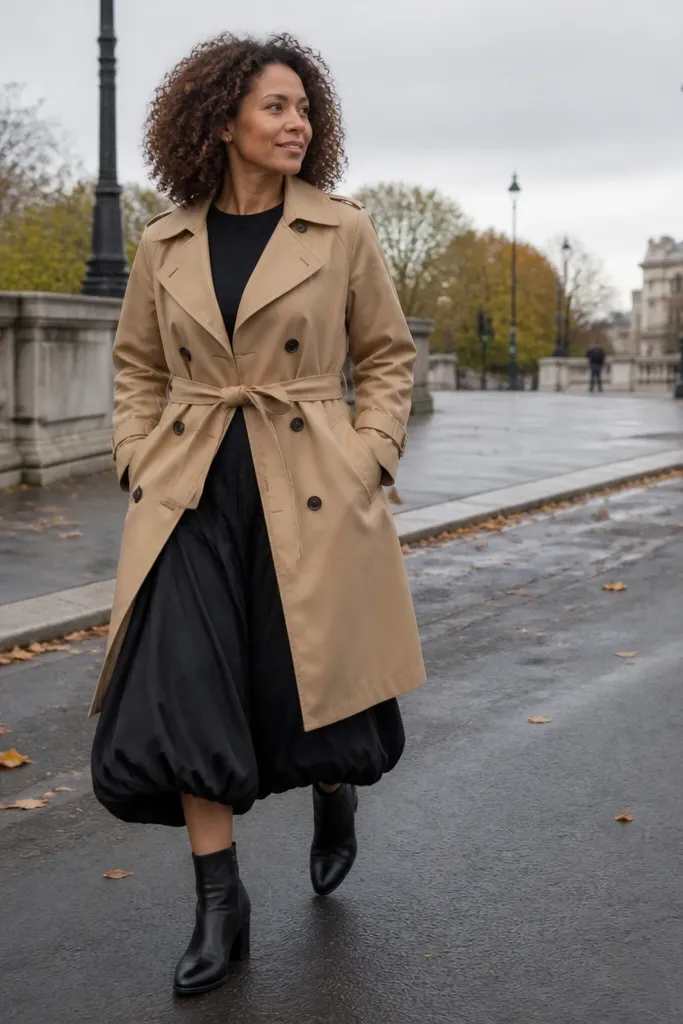 Camel trench coat over black bubble skirt with black ankle boots