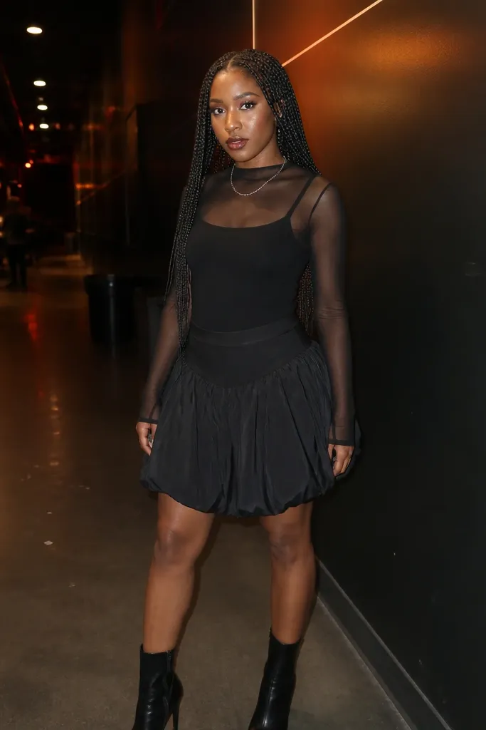 Sheer black long-sleeve mesh top over a black camisole with black bubble skirt