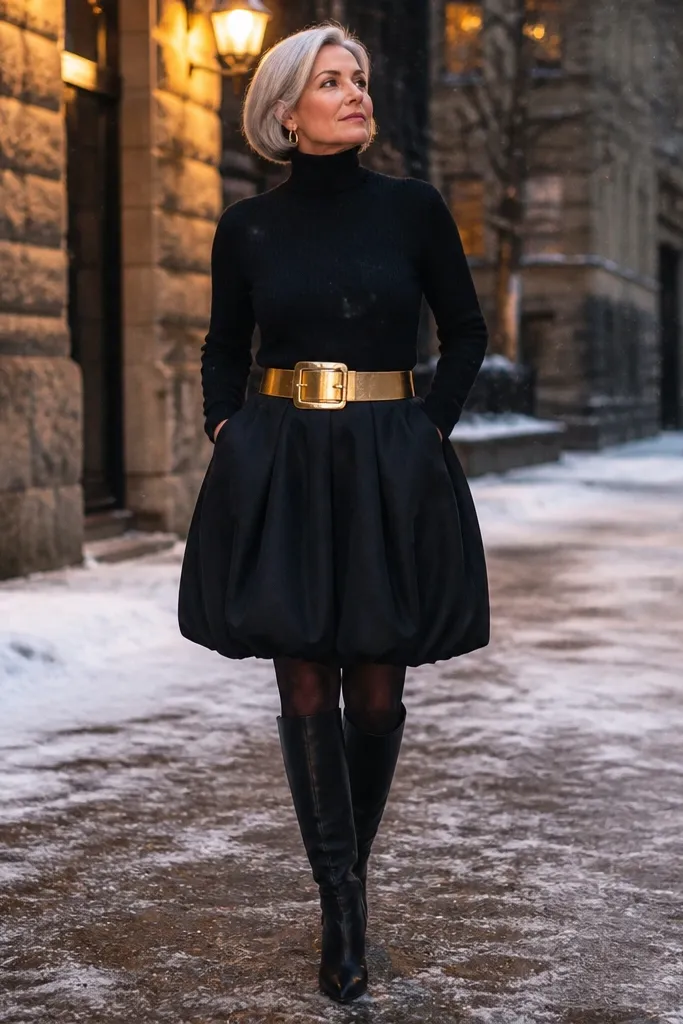 Black turtleneck sweater with wide gold belt over black bubble skirt