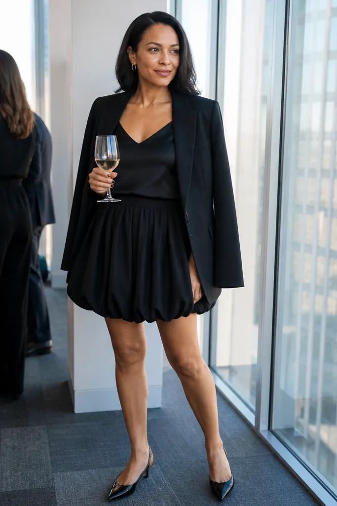 Black blazer over black satin camisole with black bubble skirt and kitten heels