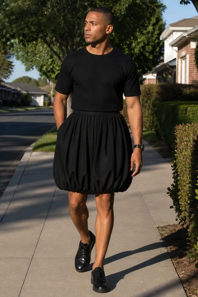 Black fitted t-shirt dress-length top with black bubble skirt and black loafers