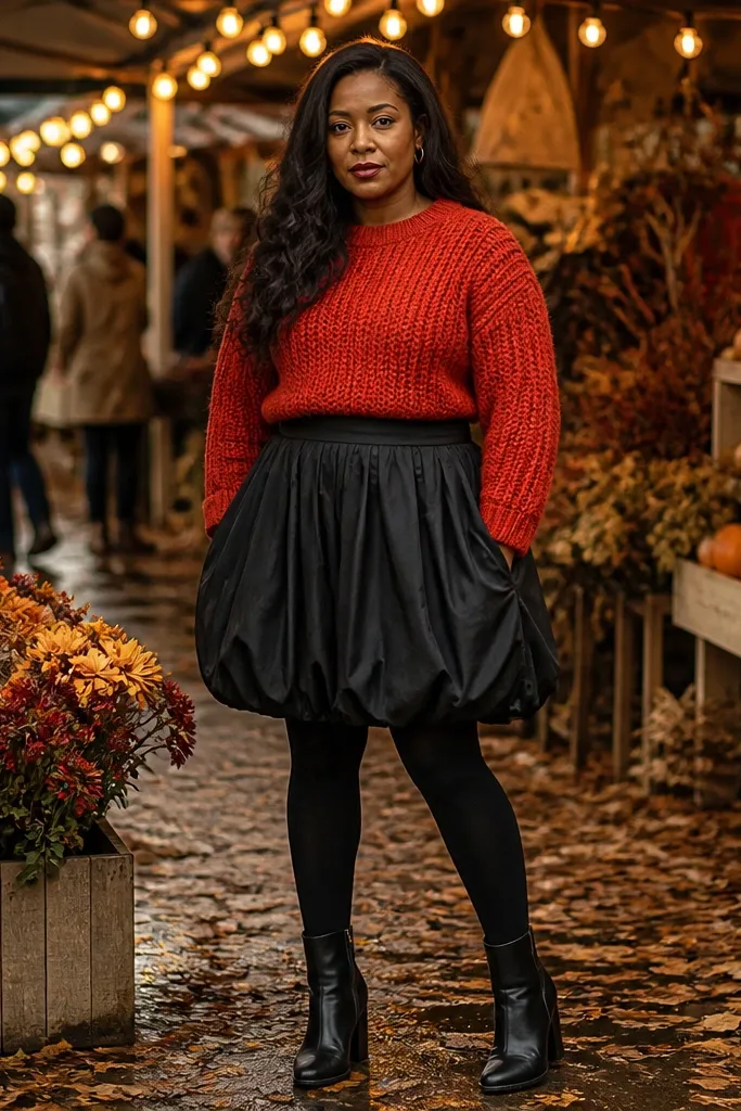 Red knit sweater tucked into black bubble skirt with black ankle boots