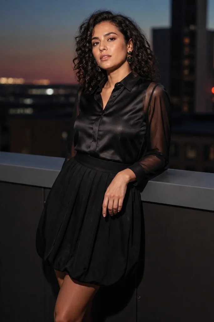 Black satin top with sheer sleeves worn with black bubble skirt and black heels