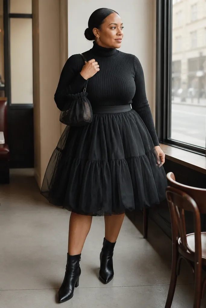 Fitted black turtleneck with black bubble skirt and a black tulle mini bag