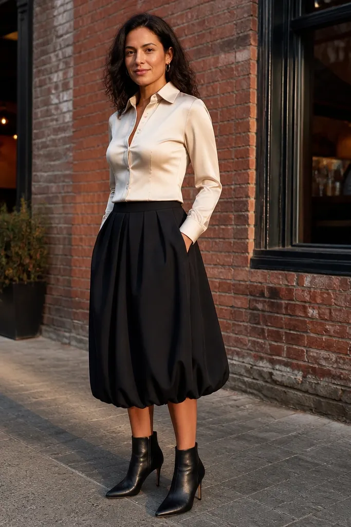 Champagne button blouse tucked into black bubble skirt with black heels