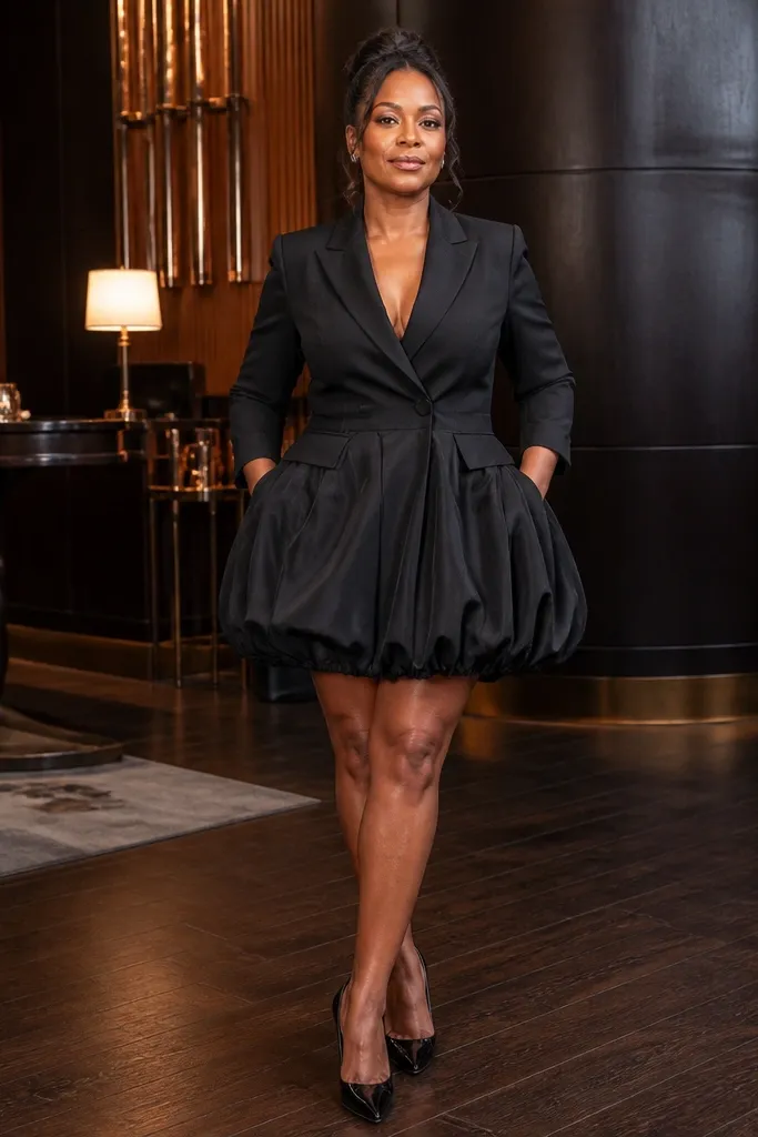 Black blazer-style romper top layered with black bubble skirt and black loafers