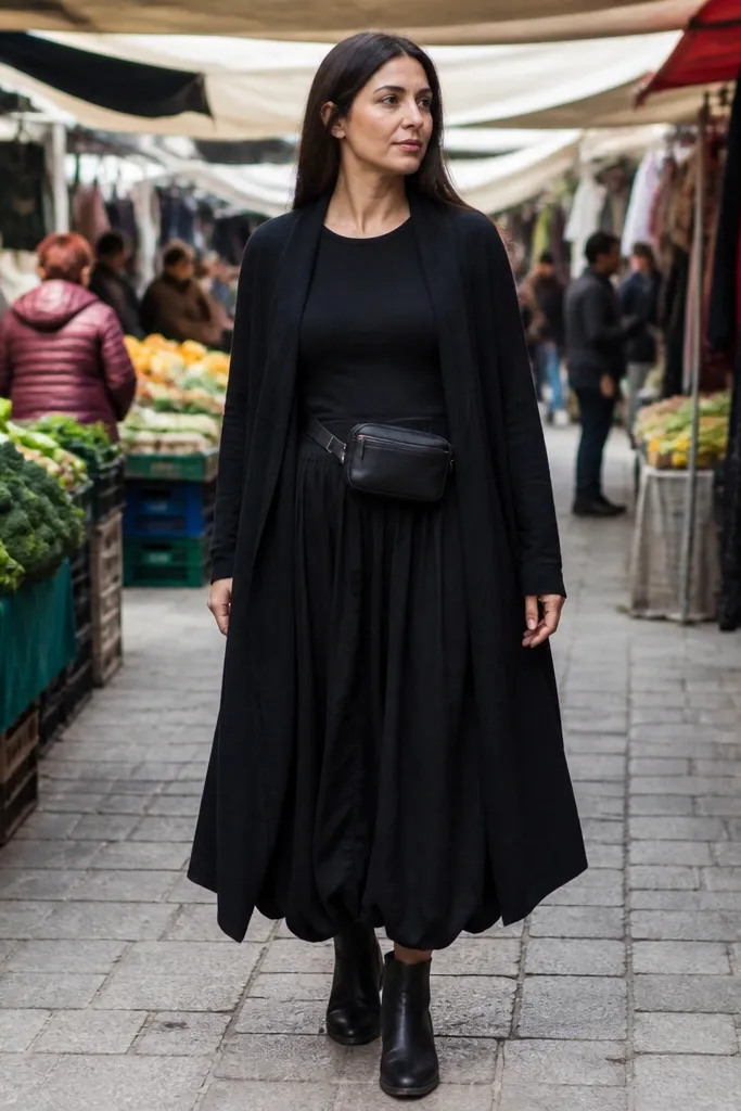 Open black cardigan over black bubble skirt with a belt bag and black boots
