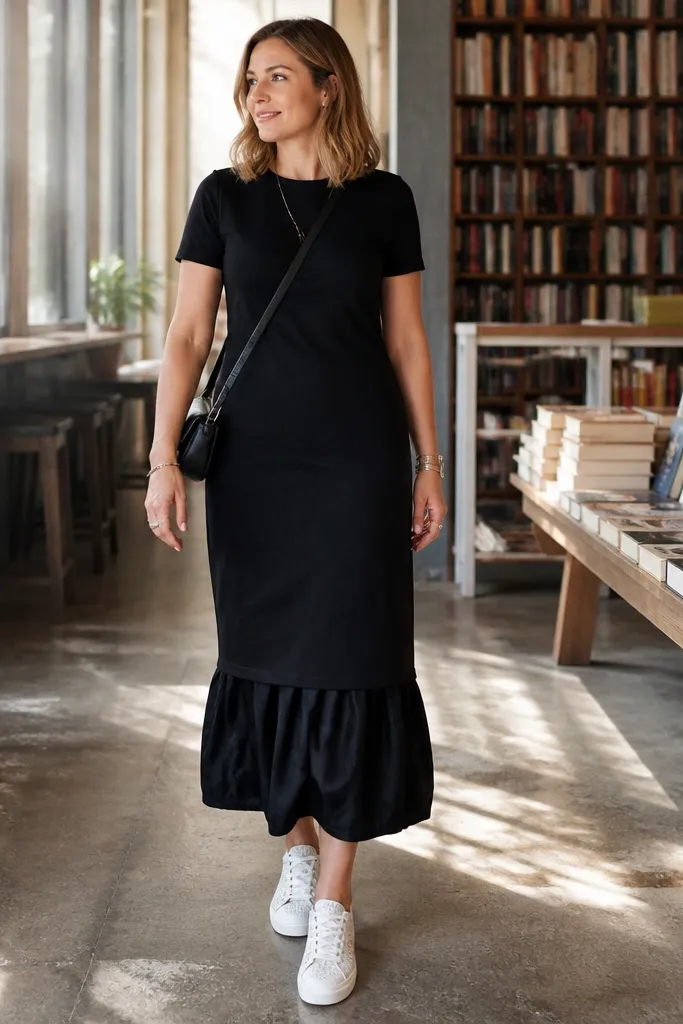 Black t-shirt dress worn over black bubble skirt with black sneakers