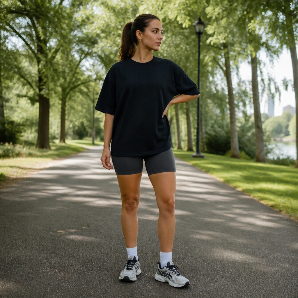 Woman in an oversized black tee over charcoal bike shorts, wearing ASICS Gel-Kayano sneakers; the look is sporty and casual in a park setting.