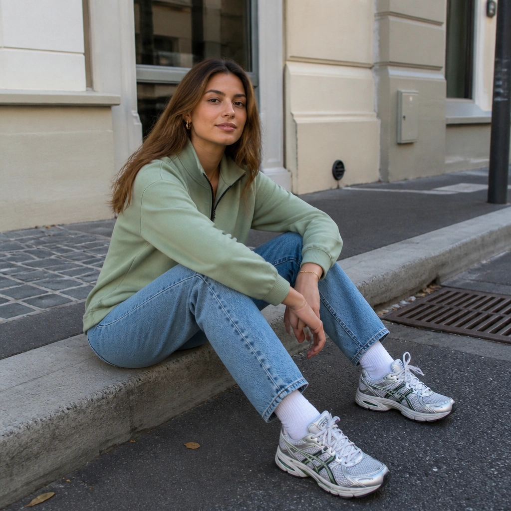 Woman wearing a sage green quarter-zip top with medium-wash mom jeans and ASICS Gel-Kayano shoes; casual street-style framing.