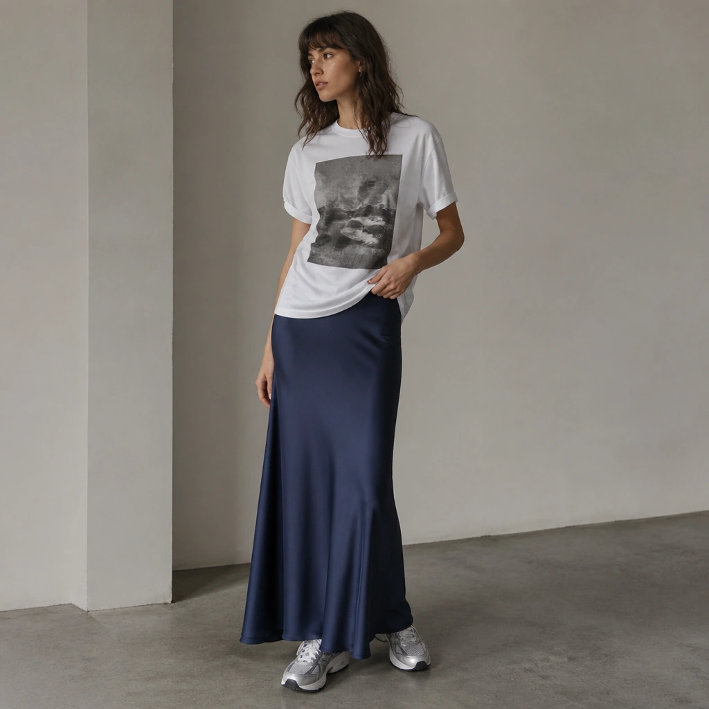 Woman in a navy midi slip skirt with a white graphic tee and ASICS Gel-Kayano sneakers; the skirt falls in soft folds around the shoes.