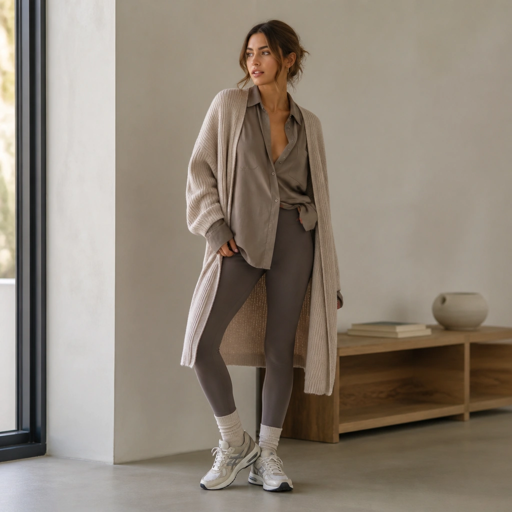 Woman styling a taupe button-down partially open over leggings, layered with a longline cardigan; ASICS Gel-Kayano sneakers visible with neutral socks.