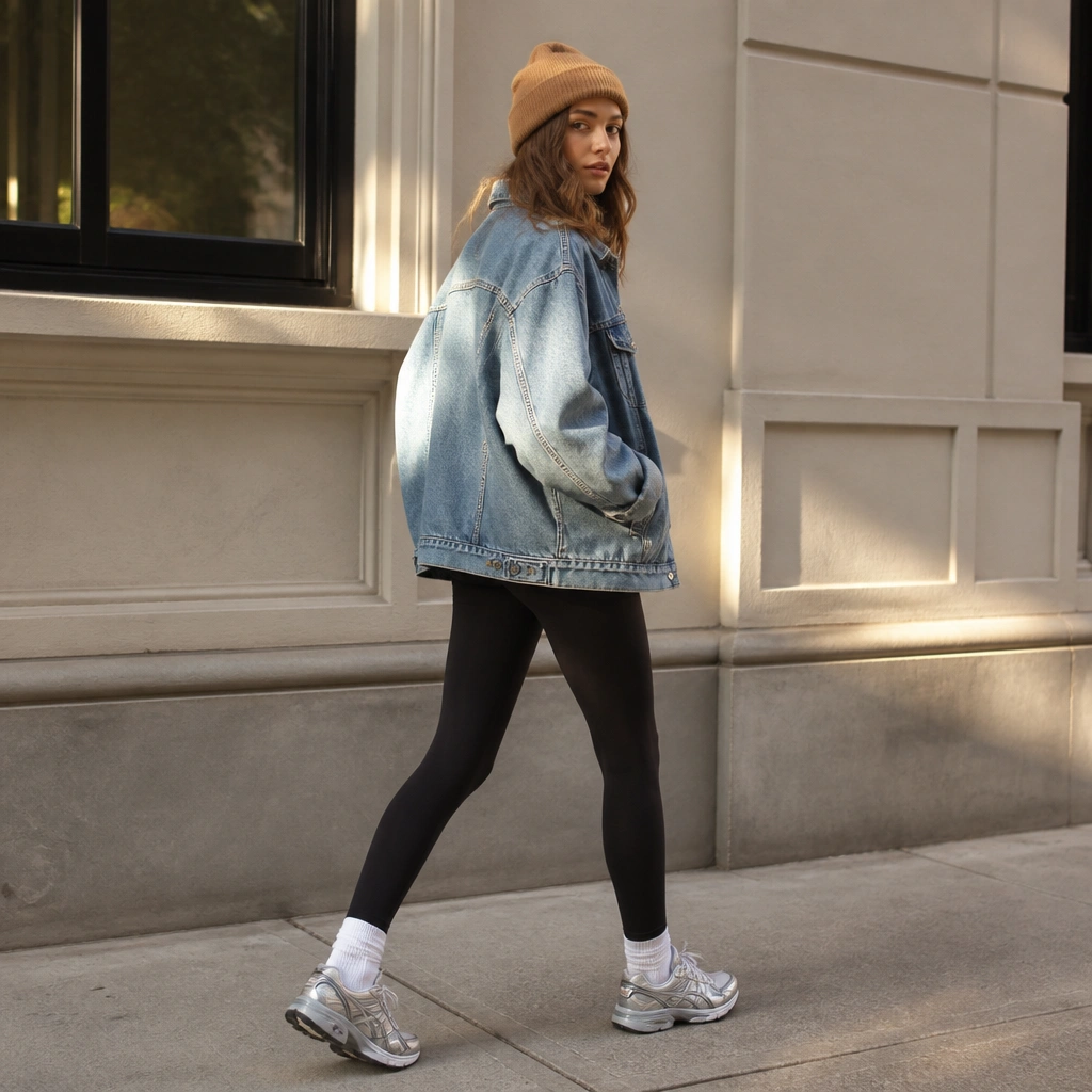 Woman in black leggings with an oversized denim jacket and a camel beanie, wearing ASICS Gel-Kayano sneakers; outdoor sidewalk scene.