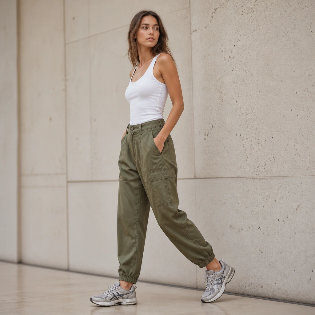 Woman wearing a white tank with olive ankle-length utility pants and ASICS Gel-Kayano shoes; pockets and seams are clearly visible.