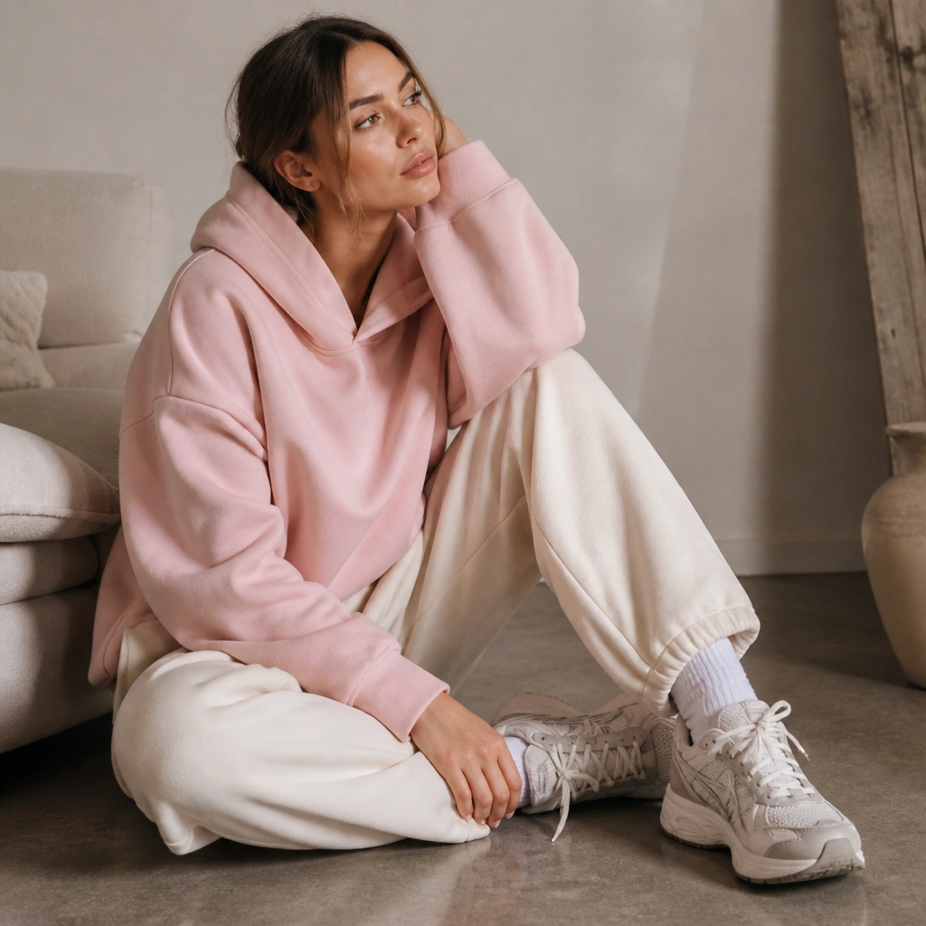 Woman in a light pink oversized hoodie and cream joggers with ASICS Gel-Kayano sneakers; soft, cozy color palette in a casual indoor setting.