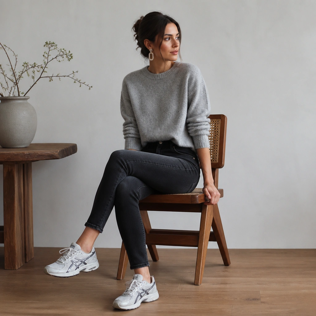 Woman in a heather gray sweater tucked into dark skinny jeans, wearing ASICS Gel-Kayano sneakers and visible statement earrings.