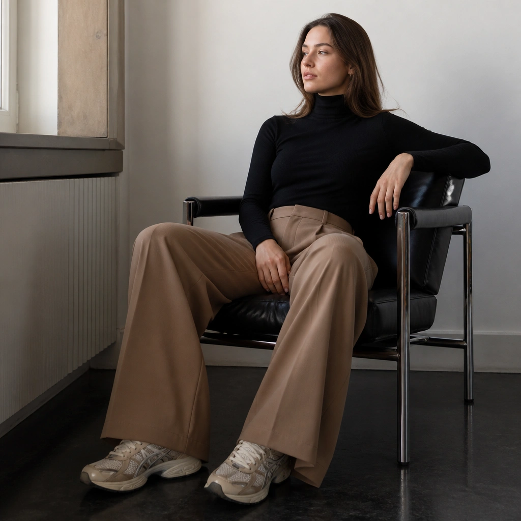 Woman wearing a black turtleneck and camel wide-leg trousers with ASICS Gel-Kayano sneakers; trousers drape smoothly over the shoes.