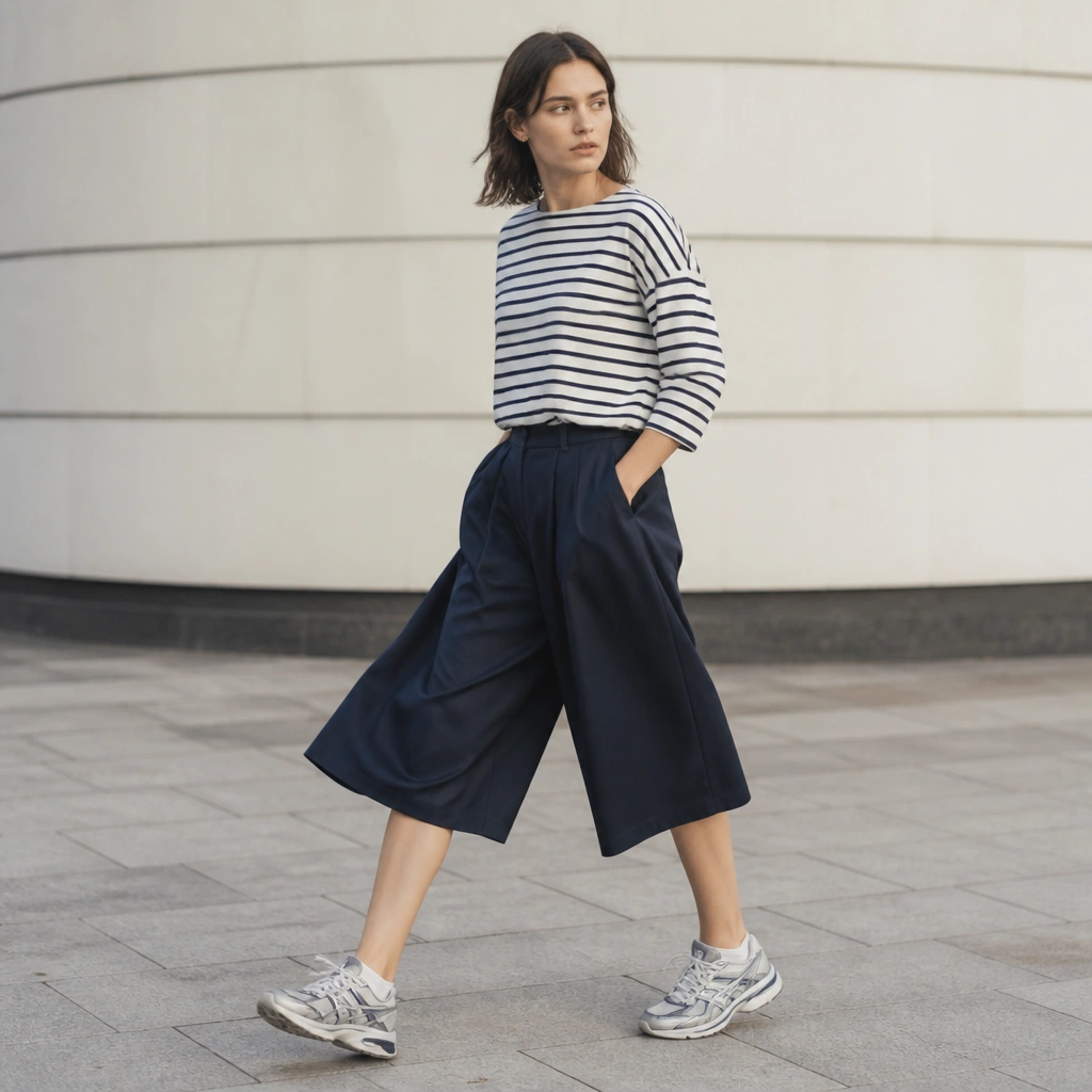 Woman in a striped Breton-style tee with navy knee-length culottes and ASICS Gel-Kayano sneakers; culottes sway as she walks.
