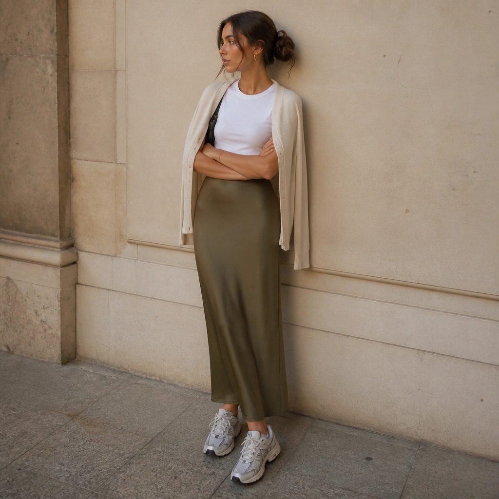 Outfit photo featuring a white fitted tee tucked into an olive slip skirt; ASICS Gel-NYC on foot; a thin cream cardigan draped over shoulders; small hoop earrings.