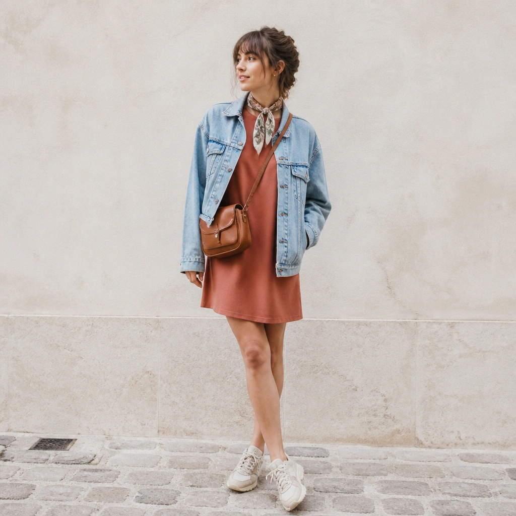 Person in a terracotta tee dress layered under a light blue denim jacket; ASICS Gel-NYC; a small leaf-print scarf tied at the neck; crossbody bag.