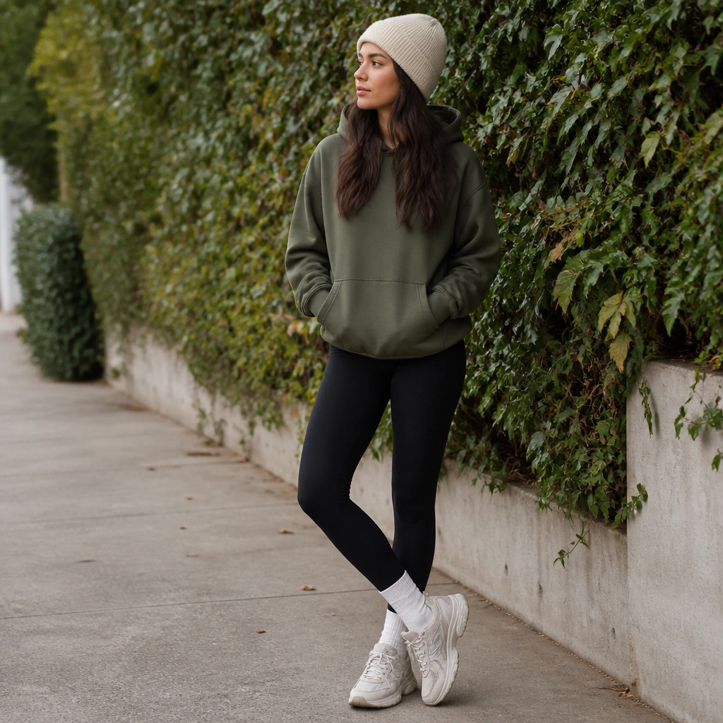 Athleisure look with black leggings, an olive hoodie, oat beanie, and ASICS Gel-NYC; hands in hoodie pockets; outdoor sidewalk background with greenery.