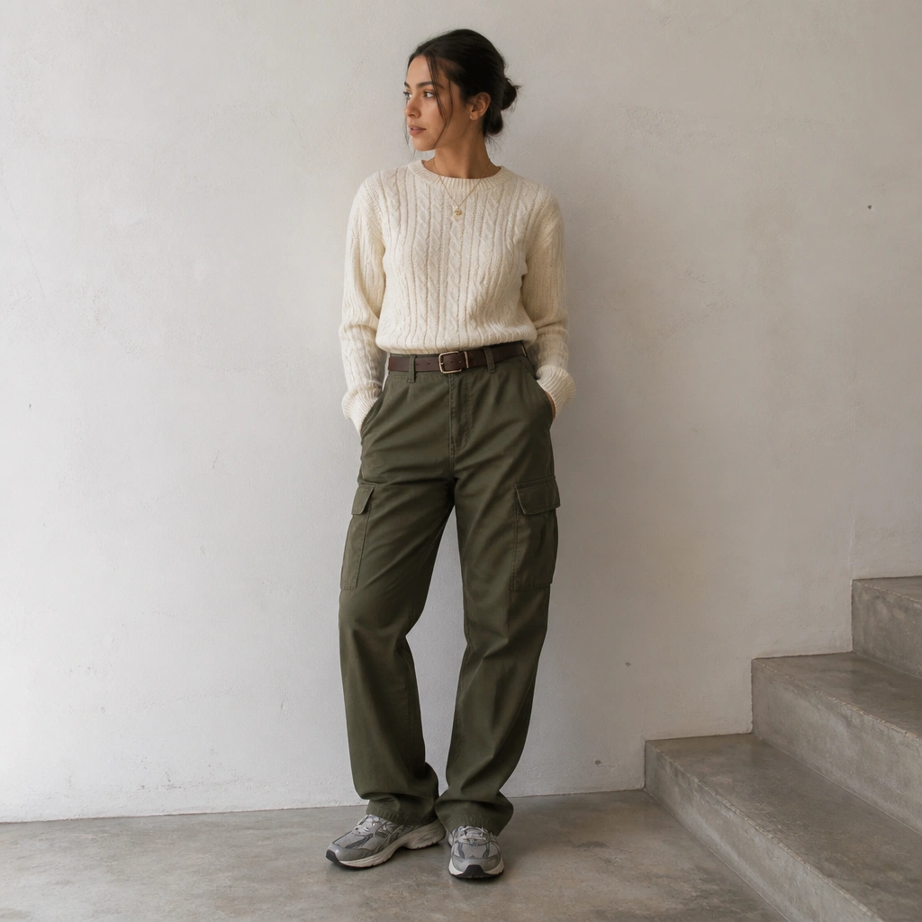 Cream cable-knit sweater tucked into olive cargo pants; ASICS Gel-NYC; belt visible; subtle gold necklace; soft daylight photo.