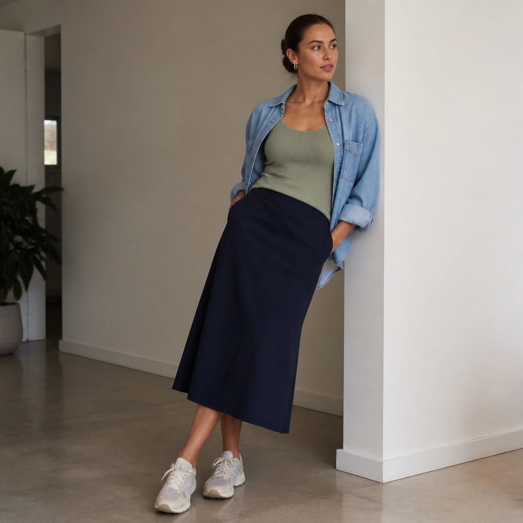 Navy midi skirt paired with an eucalyptus green tank; denim button-up worn open; ASICS Gel-NYC; hair pulled back; minimal accessories.