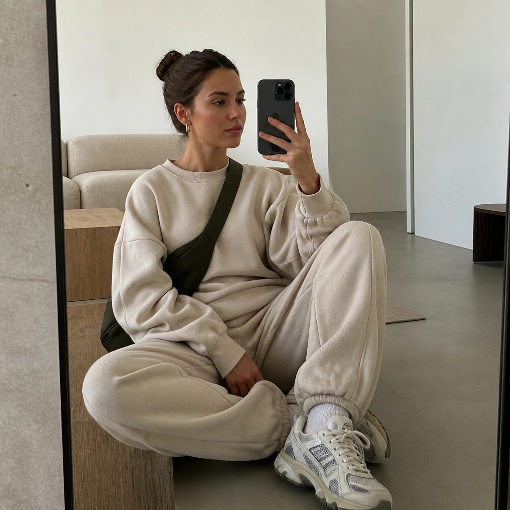 Oat-colored sweatshirt and matching joggers set; ASICS Gel-NYC; olive crossbody bag; small silver hoops; indoor mirror selfie angle.