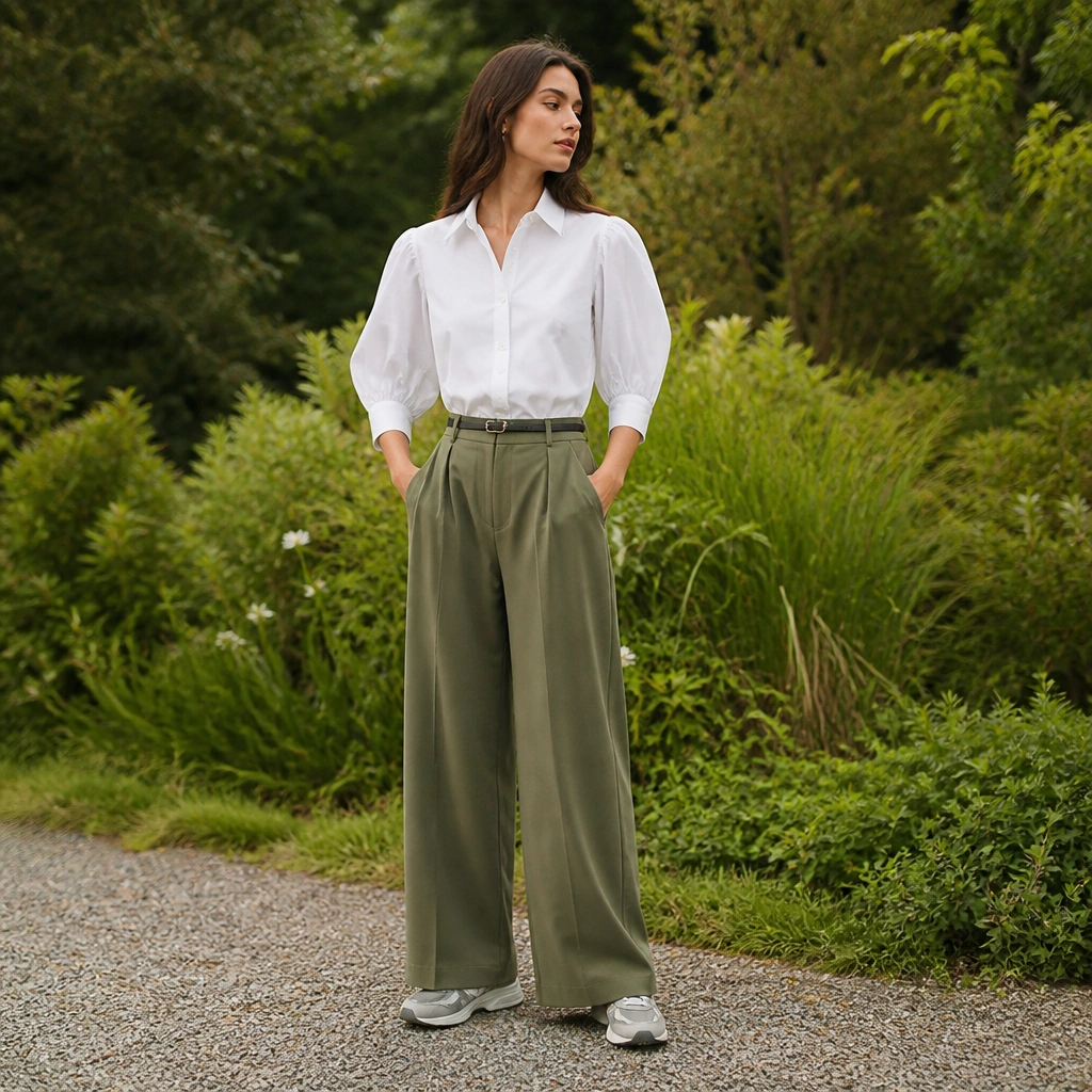 White poplin blouse with slight puff sleeves tucked into olive wide-leg trousers; ASICS Gel-NYC; thin belt; outdoor greenery background.