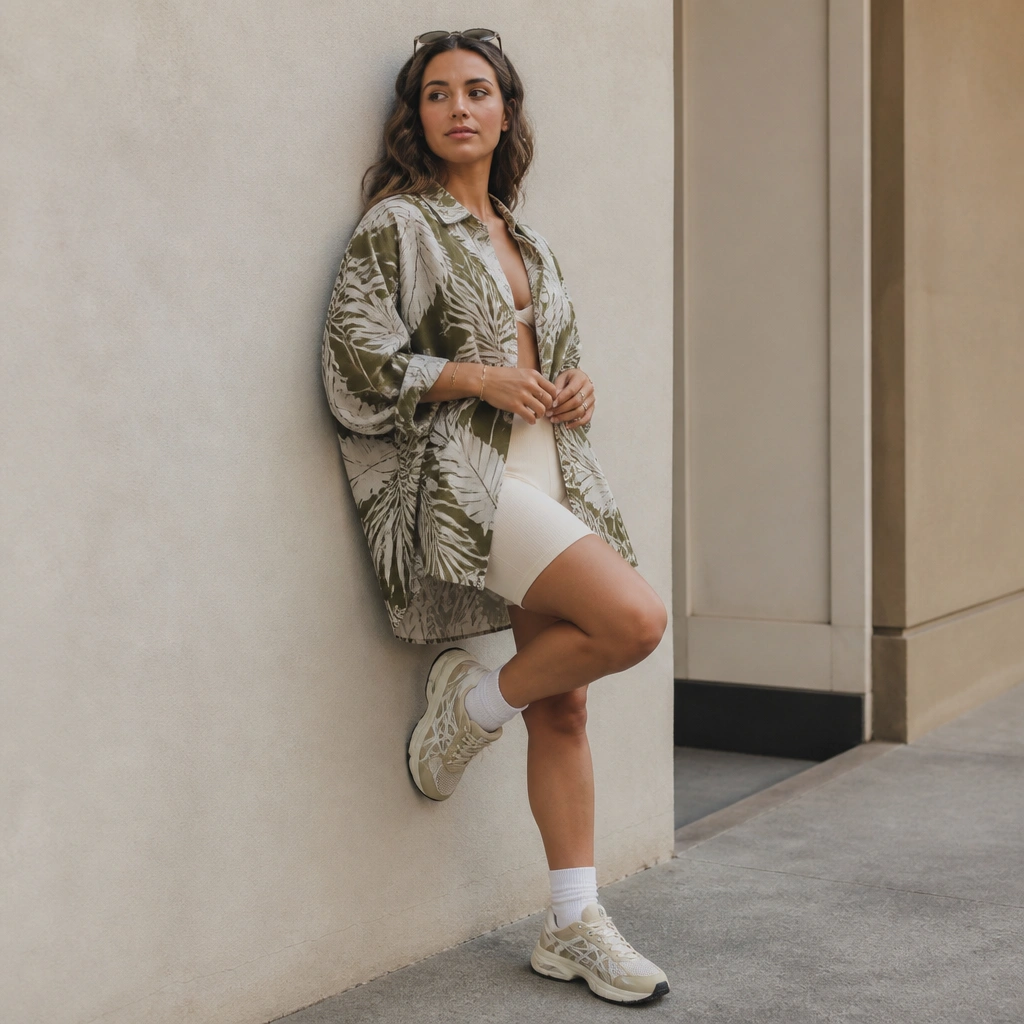 Oversized leaf-pattern shirt worn open over cream bike shorts; ASICS Gel-NYC; sunglasses on head; relaxed street style framing.