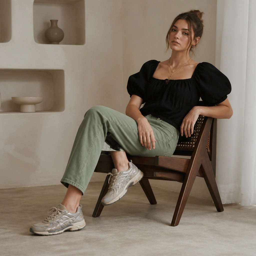 Black puff-sleeve top paired with sage straight jeans; ASICS Gel-NYC; layered necklaces; soft neutral background.