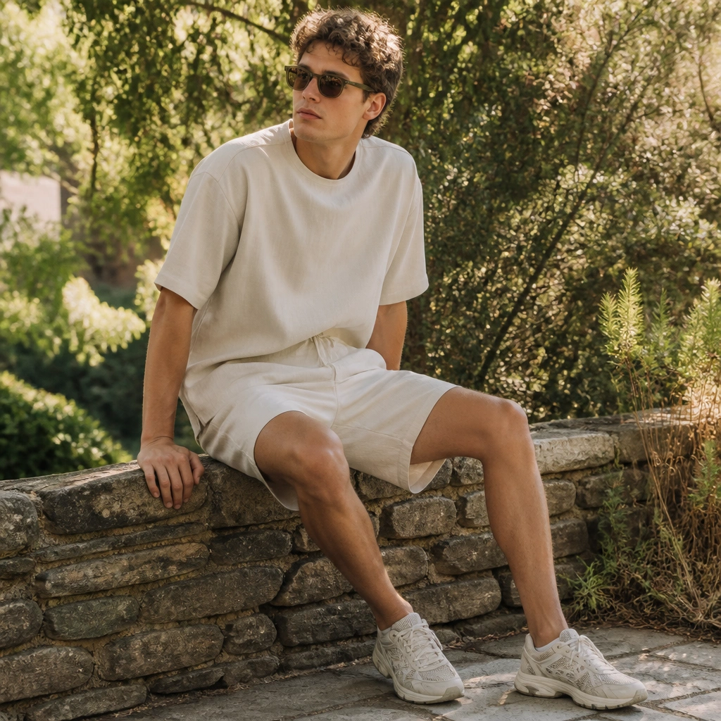 Two-piece cream linen set (tee and shorts) with olive sunglasses; ASICS Gel-NYC; sunlight and greenery in the background.