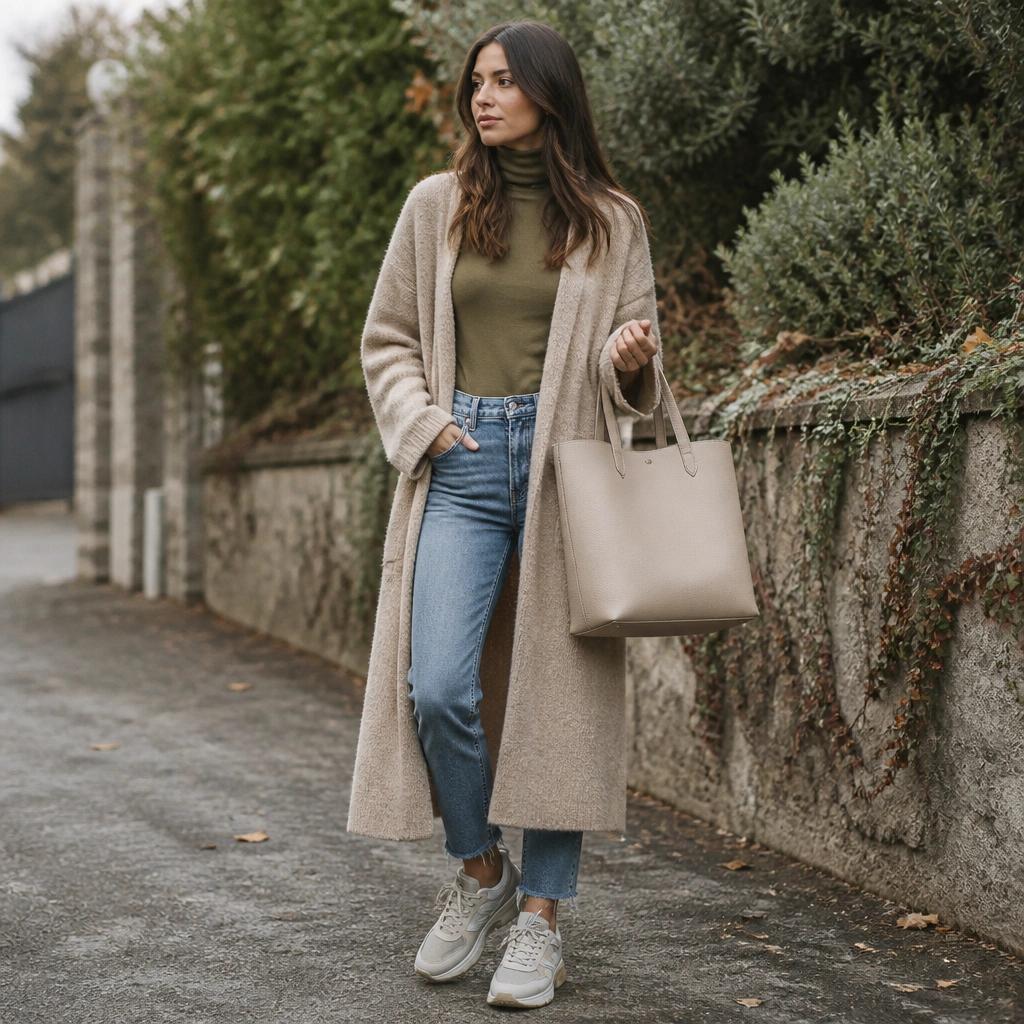 Long oat cardigan over an olive turtleneck and fitted jeans; ASICS Gel-NYC; neutral tote bag; calm outdoor lighting.