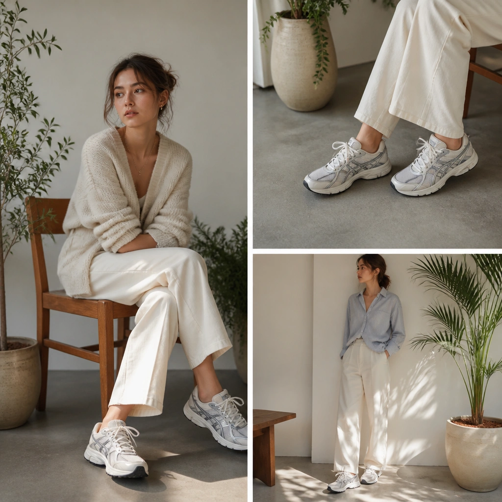 ASICS Gel 1130 outfit ideas with plants and soft styling