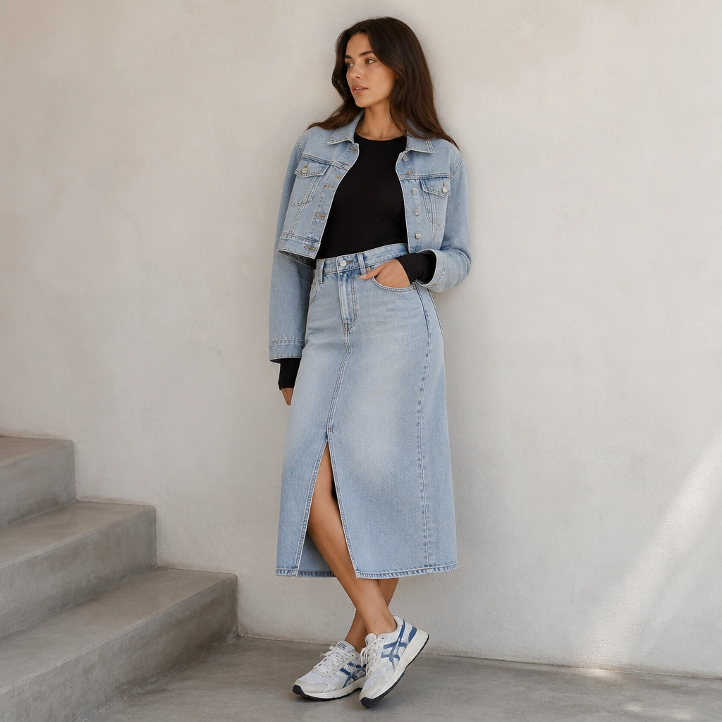 A light-wash denim midi skirt with a fitted black long-sleeve top, a cropped light-wash denim jacket, and white/blue ASICS Gel-NYC.