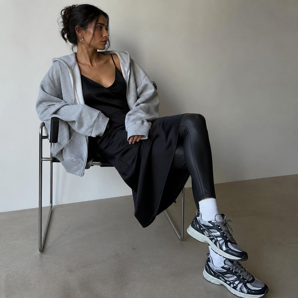 A black satin slip dress over black leather-look leggings, an oversized gray hoodie, and black-and-white ASICS Gel-NYC with white socks.