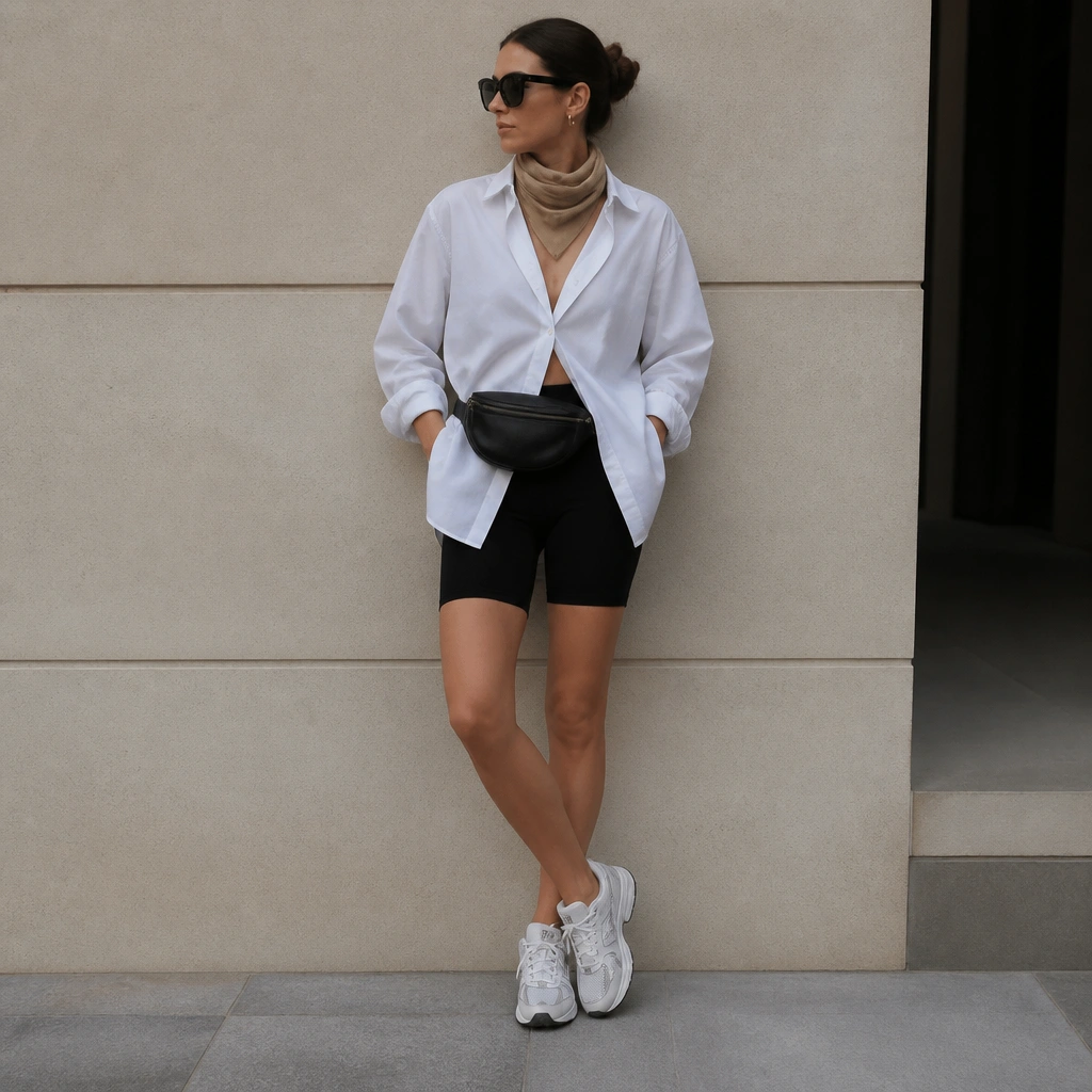 A white poplin button-down worn unbuttoned over black cycling shorts, a draped trench-style scarf at the neck, white ASICS Gel-NYC, and a black belt bag.
