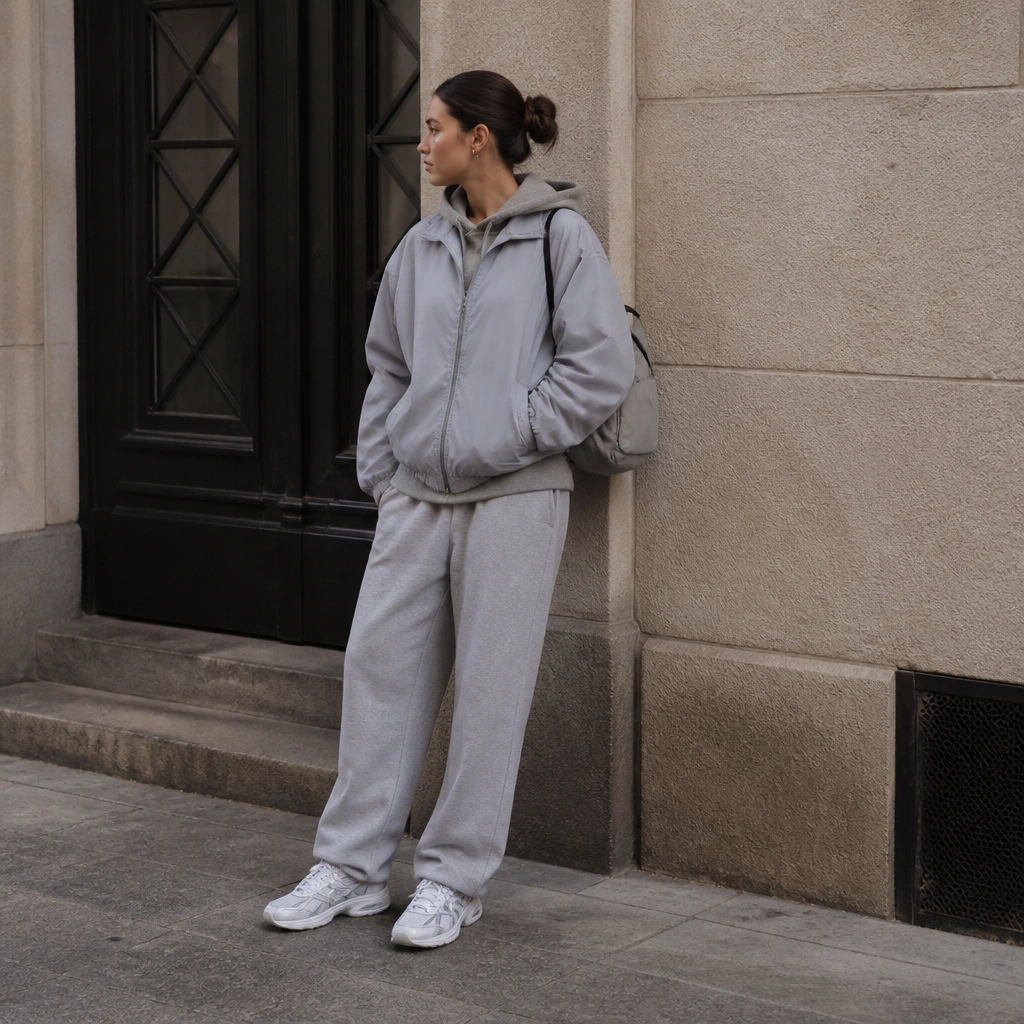 A matching gray sweat set with a zip-up windbreaker layered on top, white ASICS Gel-NYC, and a small nylon backpack.