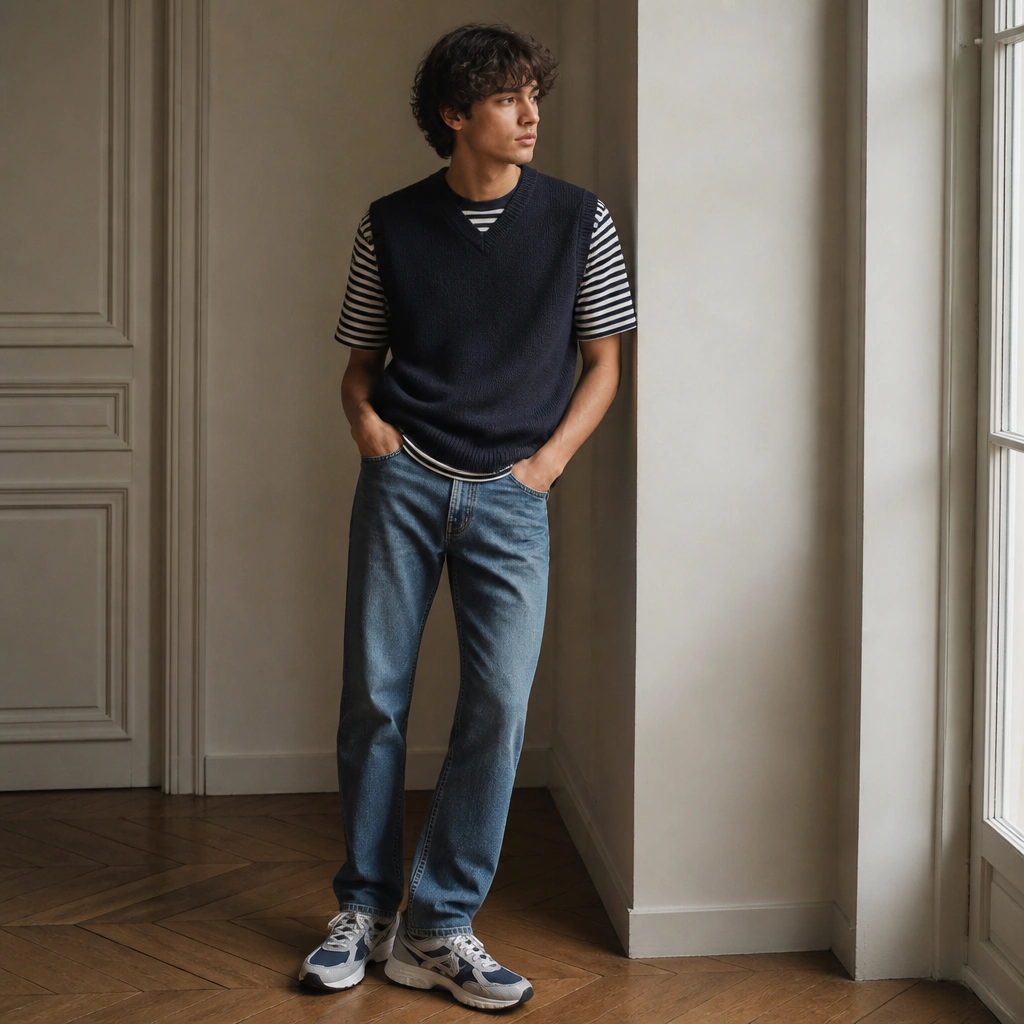A navy sweater vest over a black-and-white striped tee, straight-leg blue jeans, and navy/white ASICS Gel-NYC.