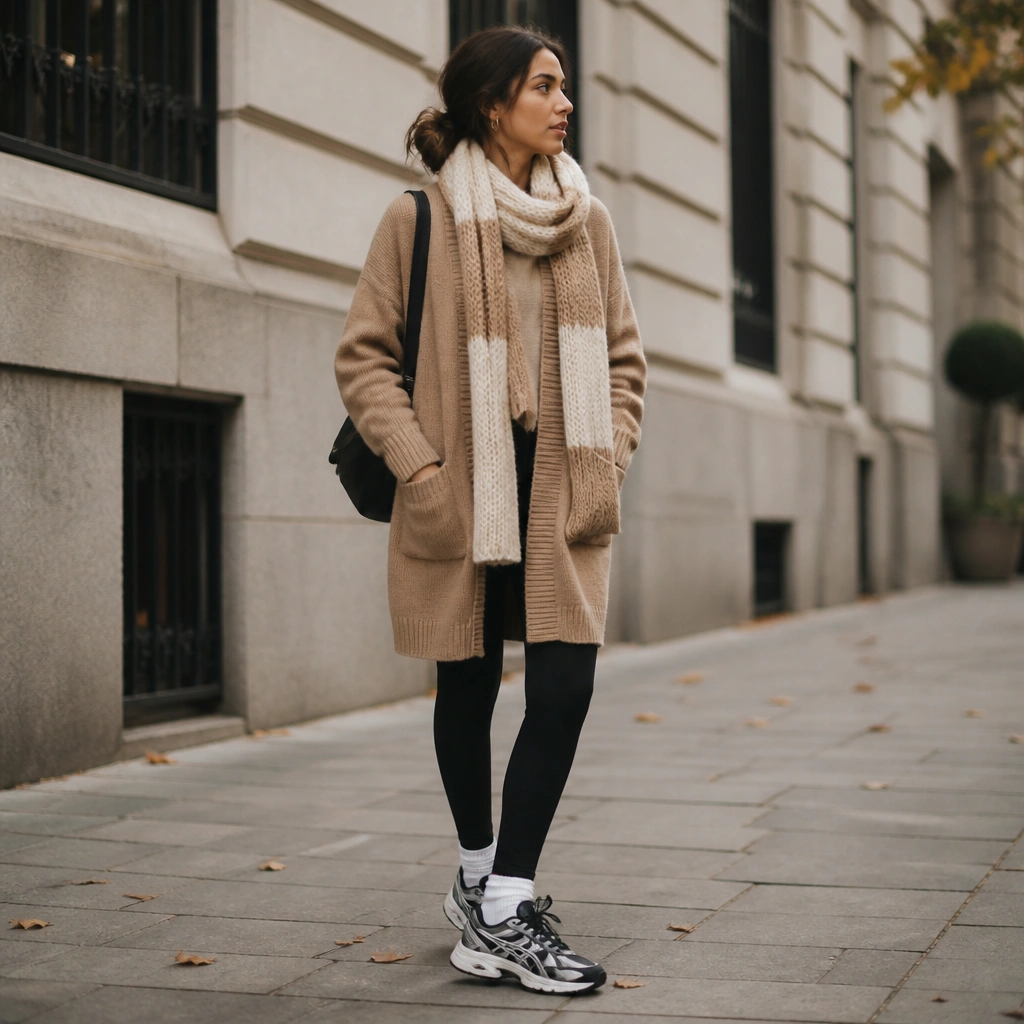 Black leggings with a long camel cardigan reaching mid-thigh, a chunky knit scarf in cream and camel tones, and black-and-white ASICS Gel-NYC.