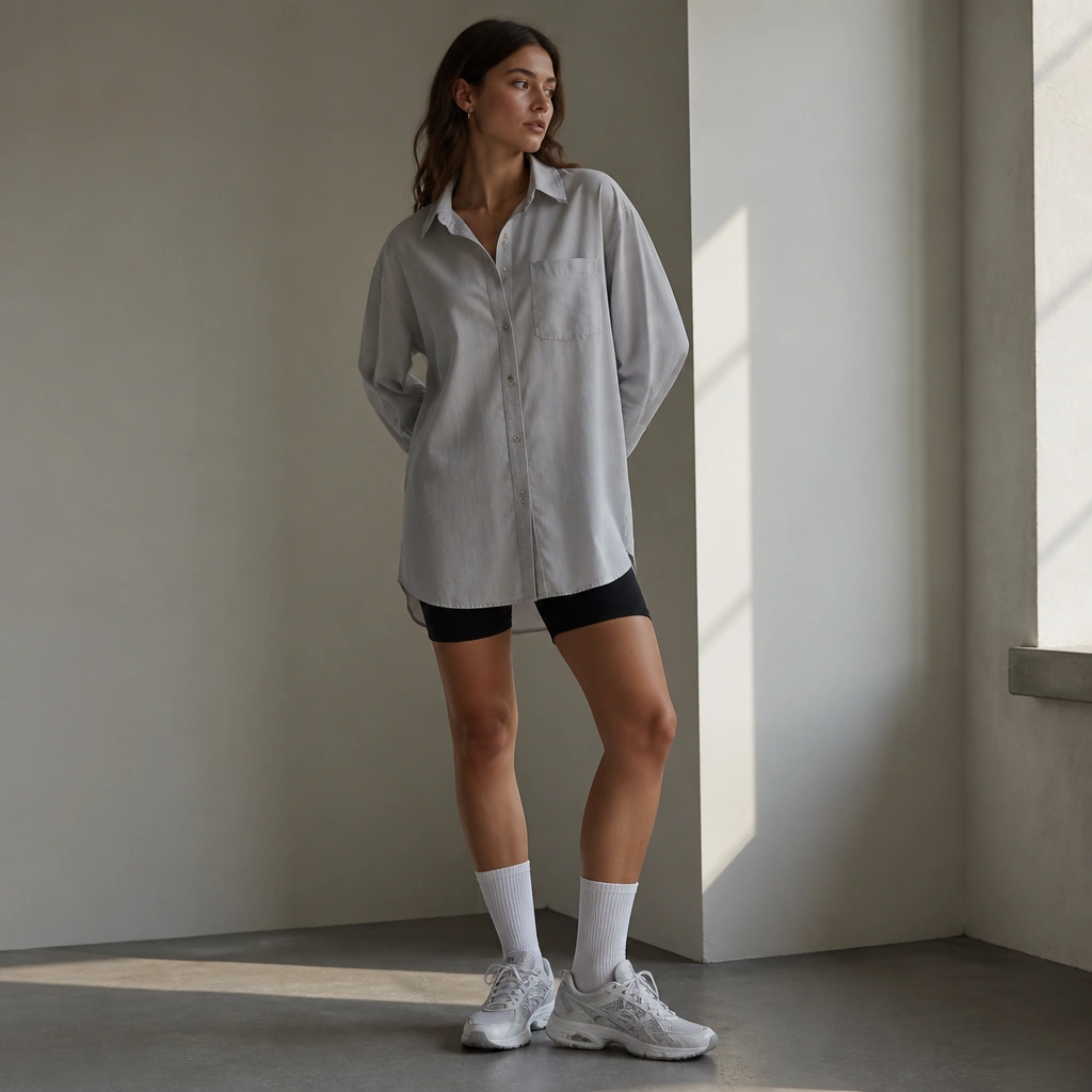 A light gray oversized button-up worn shirt-dress style over black biker shorts, long tube socks, and white/pale gray ASICS Gel-NYC.