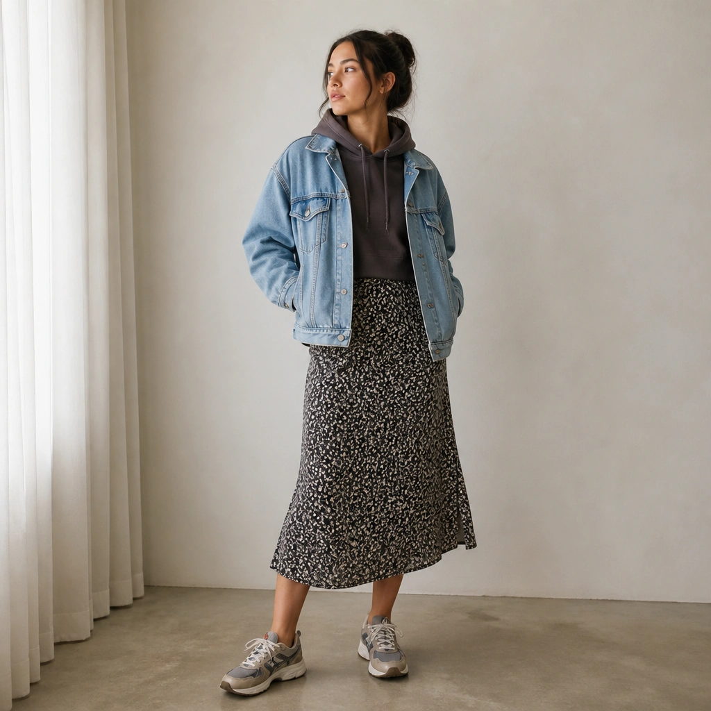 A patterned midi skirt (small floral or abstract print) with a solid crop hoodie, a light denim jacket, and multitone ASICS Gel-NYC.