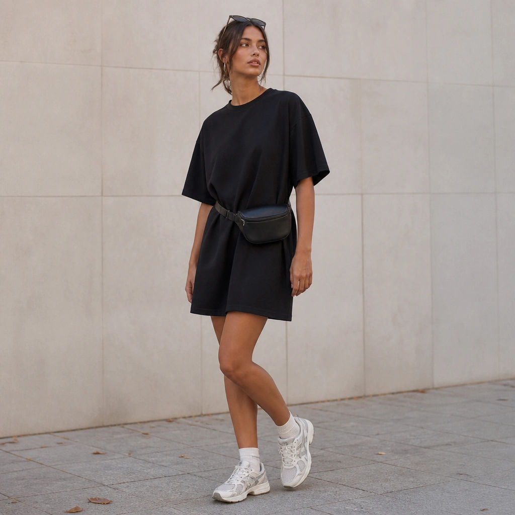 A black oversized tee dress with a waist belt bag, white ASICS Gel-NYC, and sunglasses perched on the head.